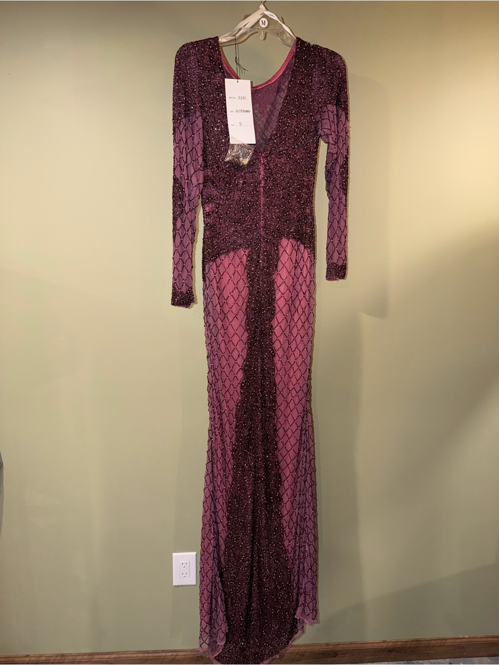 Women's Long Sleeve Glitter Mesh Evening Dress - Raspberry